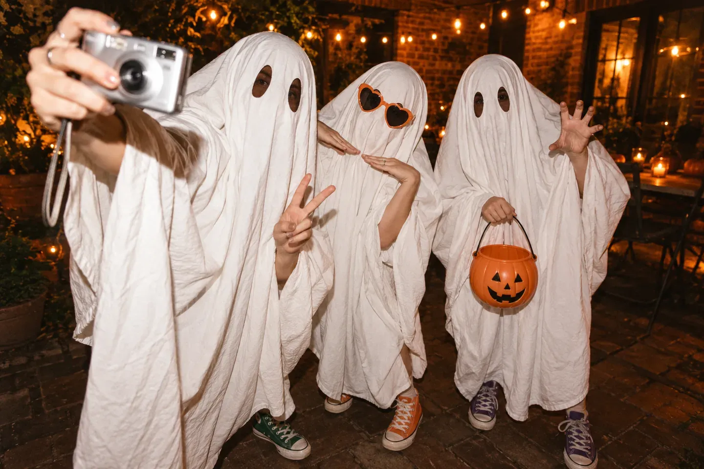Amigos disfrazados de fantasmas posando con una cámara, gafas de corazón y una cubeta de calabaza