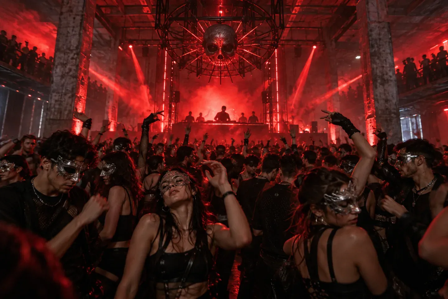 Pista de baile en un club industrial con personas enmascaradas, humo y luces rojas