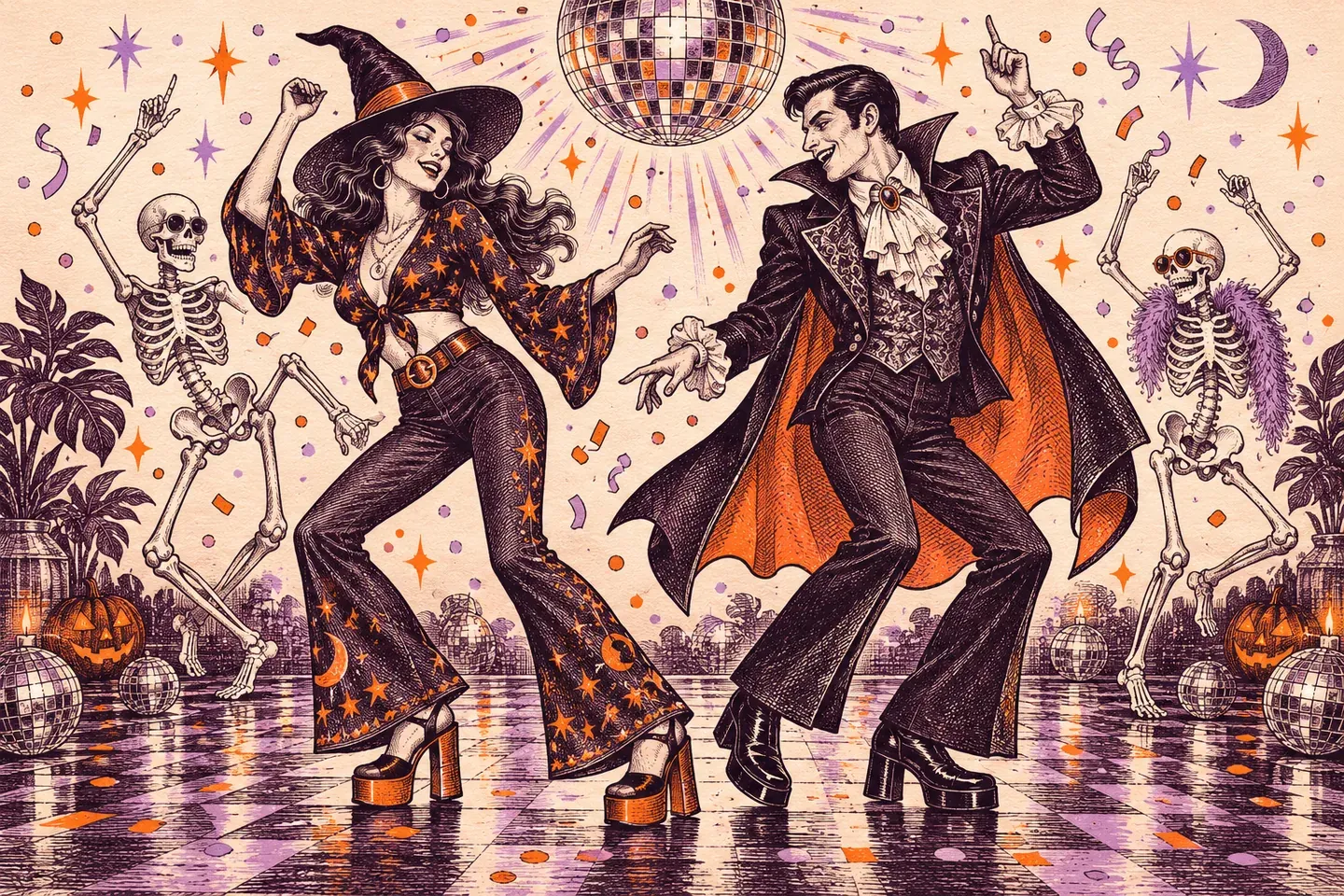 Grabado retro de una bruja, un vampiro y esqueletos bailando bajo una bola disco