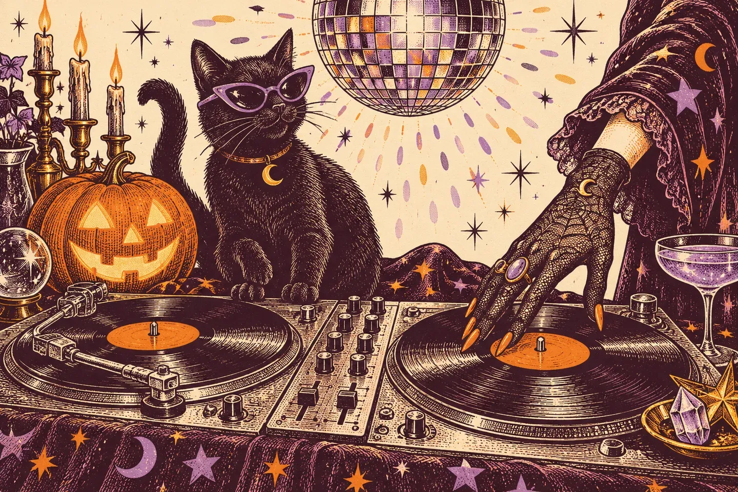 Ilustración de un gato con gafas junto a tornamesas, calabaza y una mano de bruja mezclando vinilos