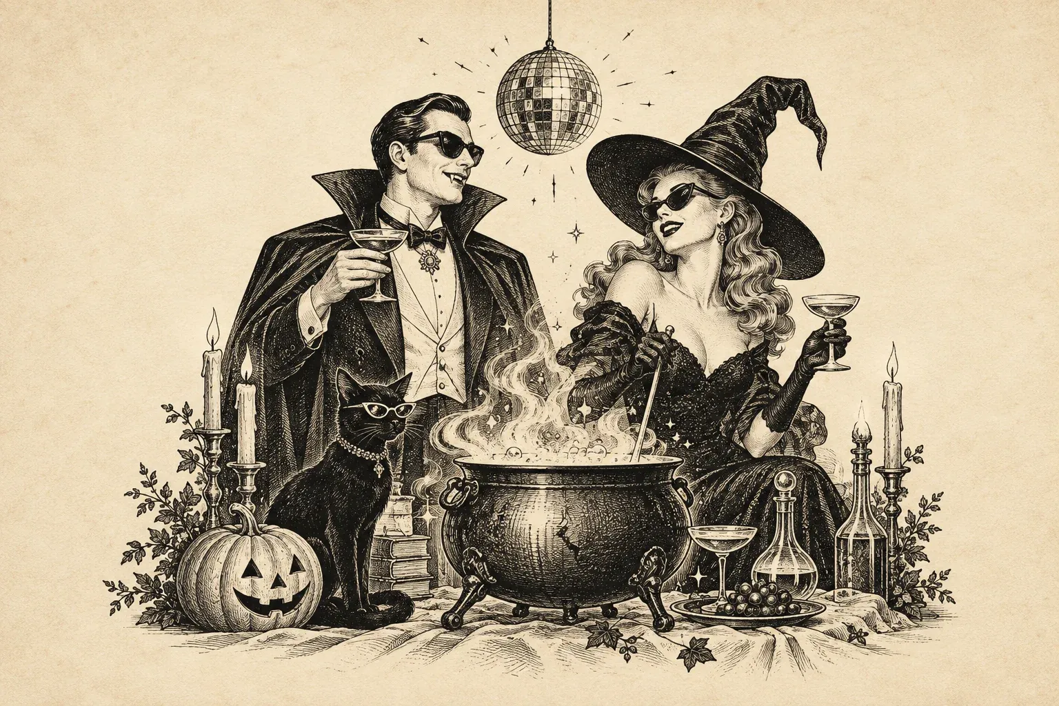 Ilustración vintage de una bruja y un vampiro con copas, un gato y una bola disco