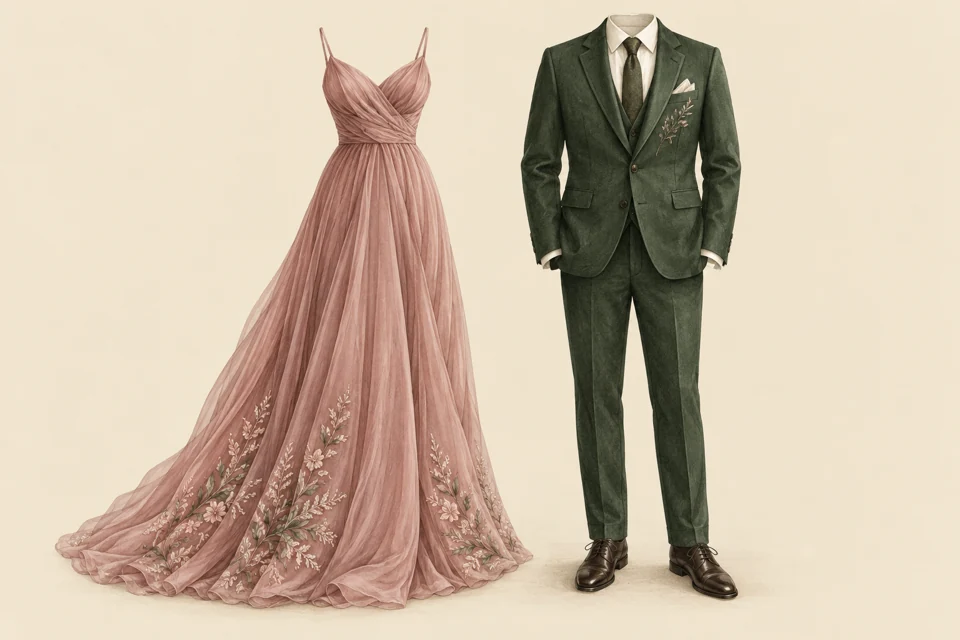 Ilustración de vestido largo rosa y traje verde oscuro como referencia de vestimenta formal