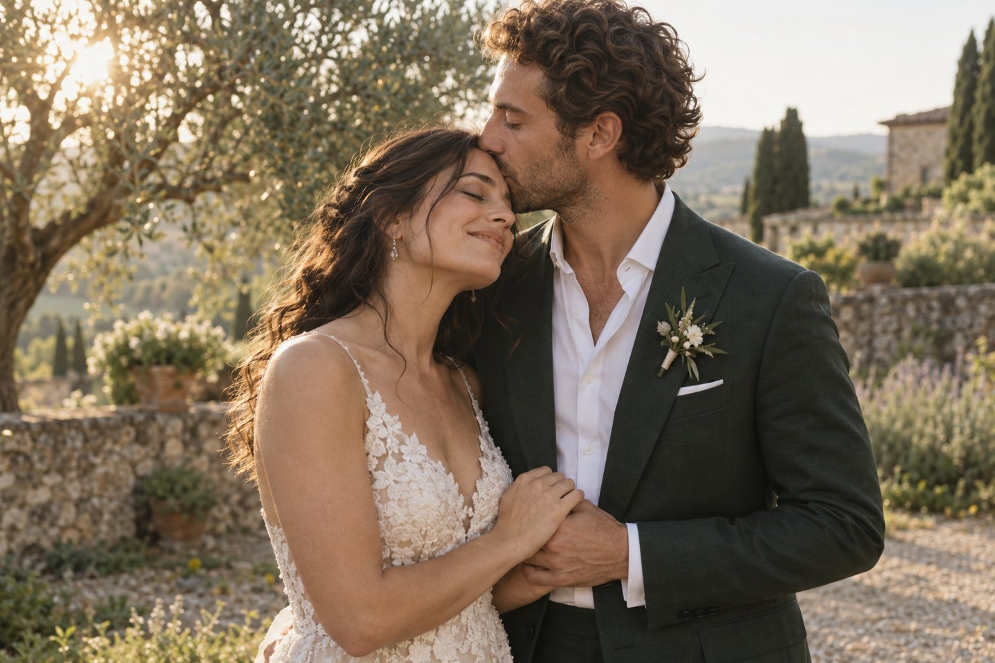 Una pareja se abraza bajo la luz cálida del atardecer